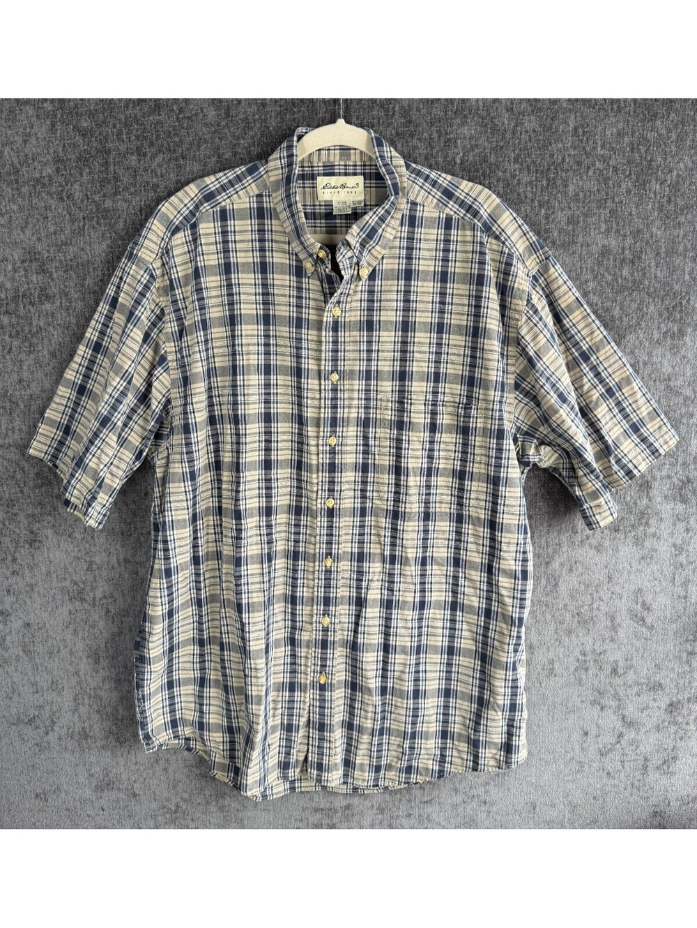 Vintage Eddie Bauer Mens XL Tall Short Sleeve Plaid Shirt Blue Tan Cotton 90s